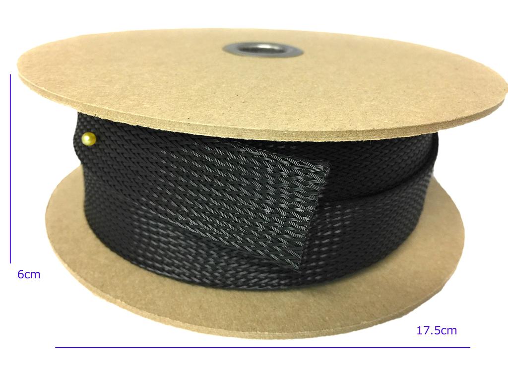 Polyester braided sleeve for cable covering. Inner diameter (normal): approx. 17mm to approx. 45mm. Fold width: 32mm. 20m roll.