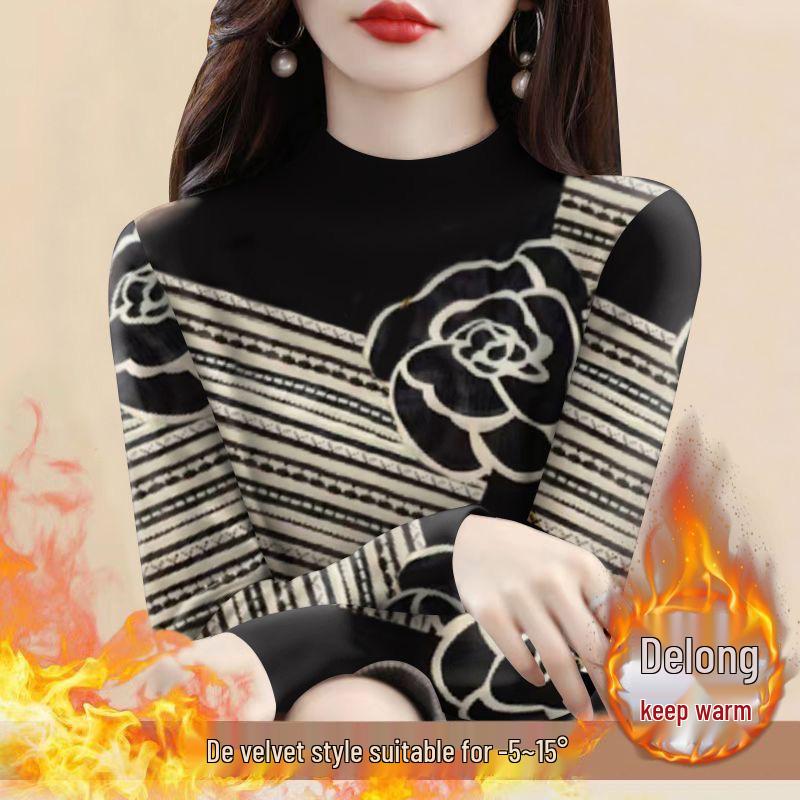 Women's Plus Size Fleece Lined Semi-High Neck Long Sleeve T-Shirt