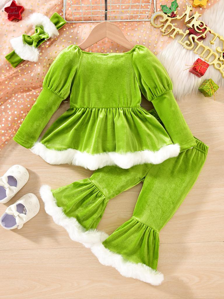 Baby Weihnachtsset Langarmkleid+Hose+Stirnband Dreiteiliges Set