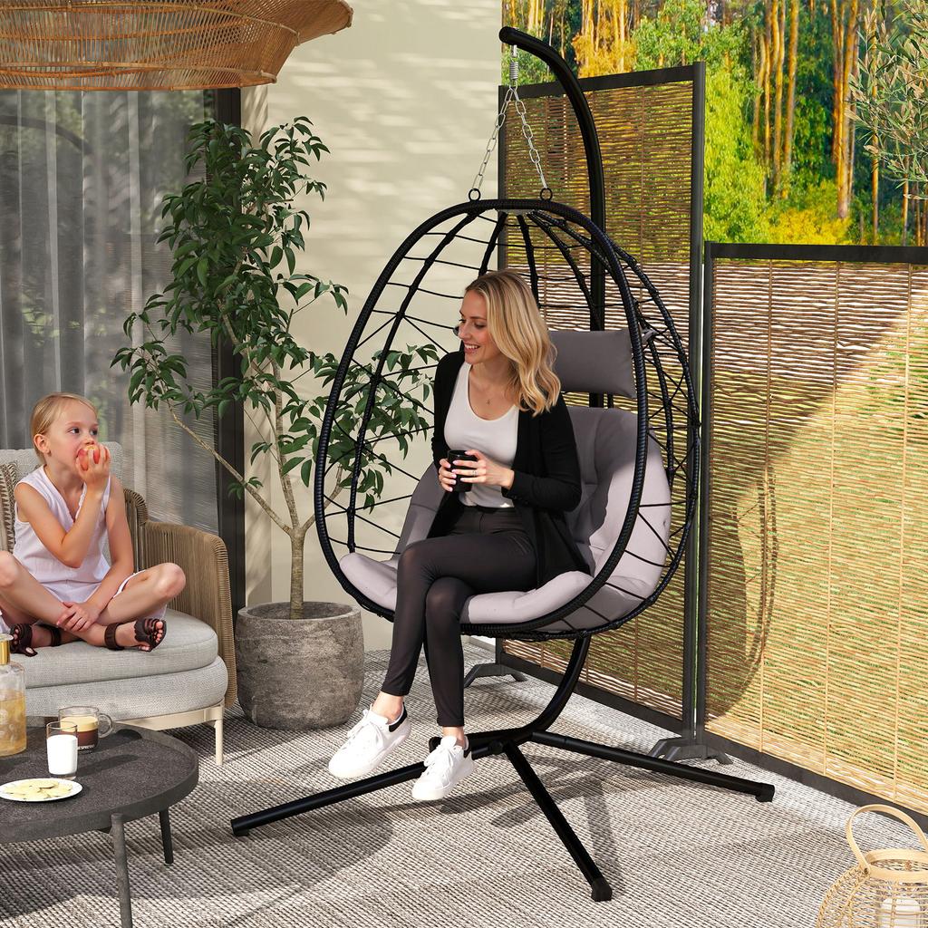 Hanging Egg Chair Outdoor Indoor Garden Swing Chair with Folding Basket, Thickened Cushion, Garden Hanging Chair with Stand, Headrest for Patio