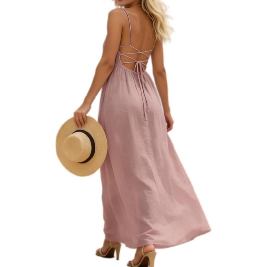 Women's Summer Dress Backless Spaghetti Strap Loose Flowy Long Cami Dresses Casual Loose Holiday Party Beach Maxi Sundress