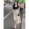 Elegant Summer Guochao Ink Print Dress: Women's Waist-Cinched, Slimming Mid-Length Skirt