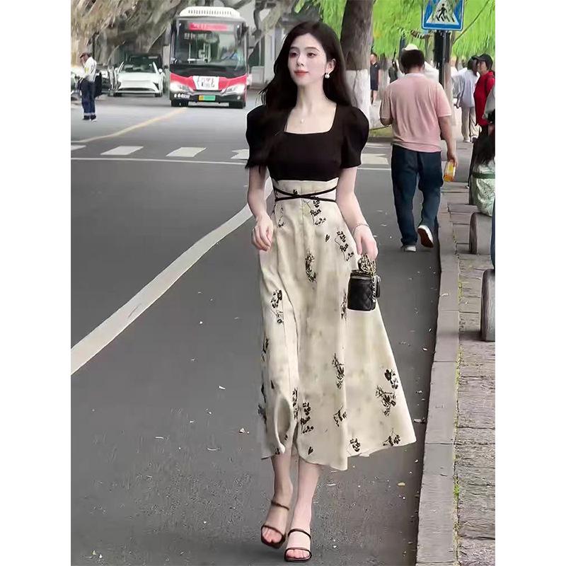 Elegant Summer Guochao Ink Print Dress: Women's Waist-Cinched, Slimming Mid-Length Skirt