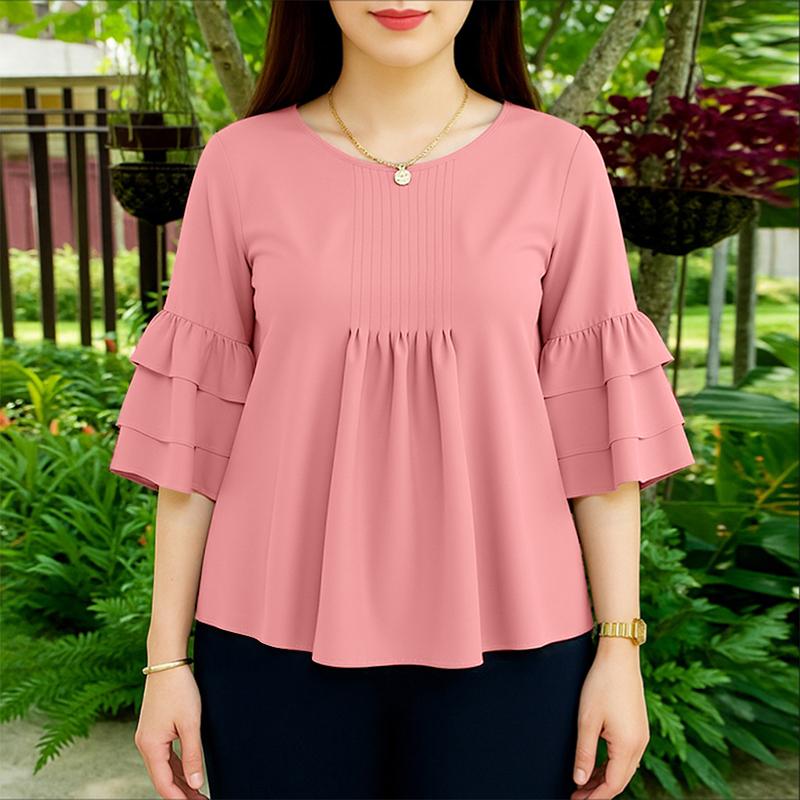 ZANZEA Women Casual Round Neck Solid Color 3/4 Sleeve Loose Blouse