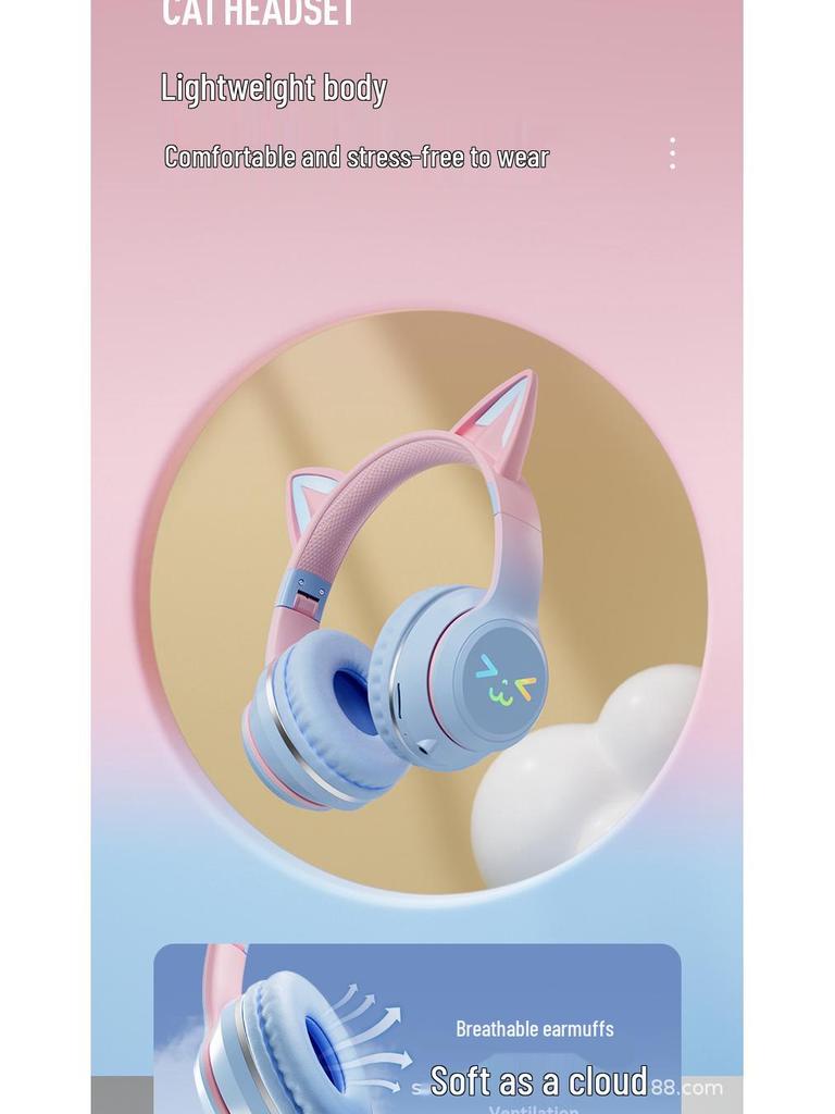 Cat Ear Luminous Foldable Bluetooth Headset with Long Battery Life for Gaming and Sports