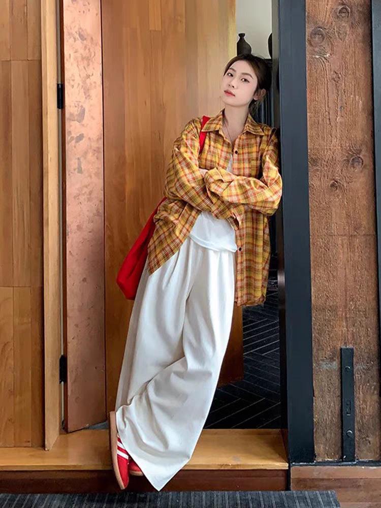 Women's Casual Loose-Fit Retro Plaid Jacket - Yellow, Spring Collection