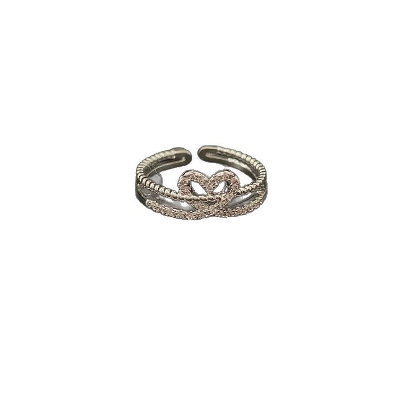 Japanese Elegant Hollow Heart Rhinestone Double Layer Adjustable Ring
