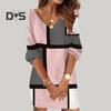Women Autumn Winter Casual Dress V Neck Long Sleeve Geometric Contrast Color Print Oversized Vacation Dress Streetwear