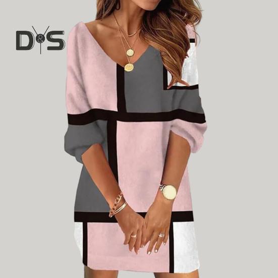 Women Autumn Winter Casual Dress V Neck Long Sleeve Geometric Contrast Color Print Oversized Vacation Dress Streetwear