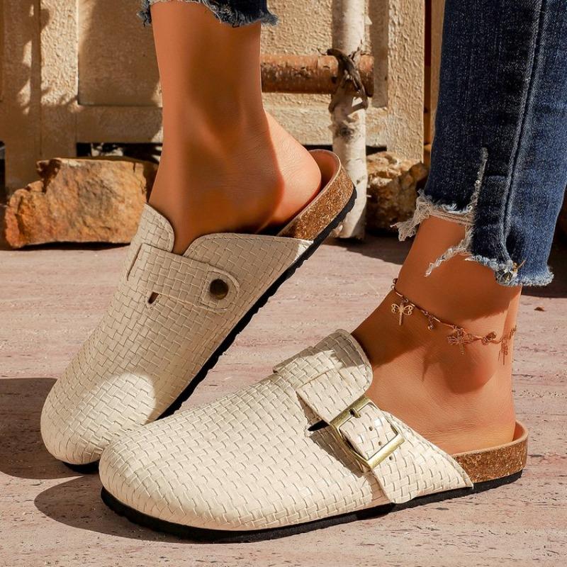 Fashion Gold Woven Buckle Clogs for Women 2026 Summer Closed Toe Cork Sole Mule Shoes Woman Non-slip Flat Heels Half Slippers