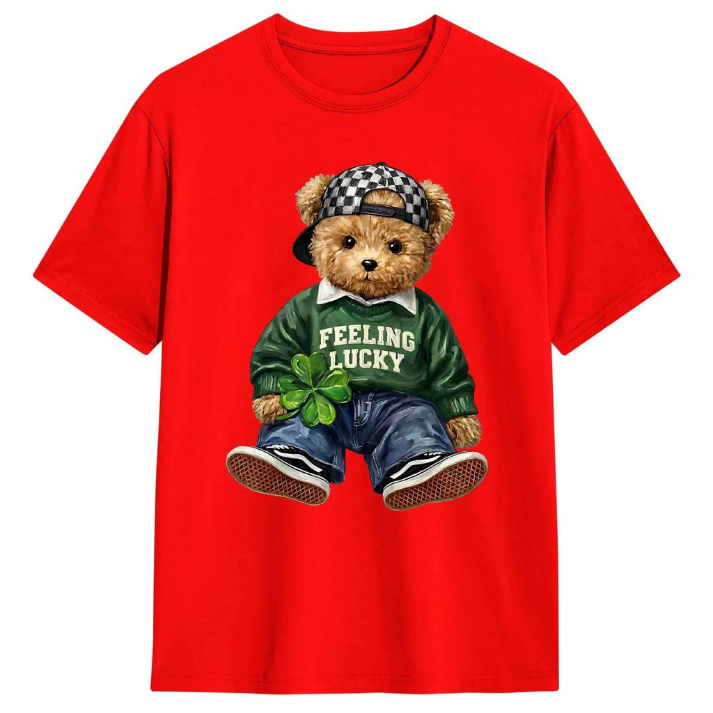 Men's T-Shirts Cute Funny Teddy Bear Feeling Lucky Drinking St Patricks Day Creative Pure Cotton Tees Short Sleeve Tops