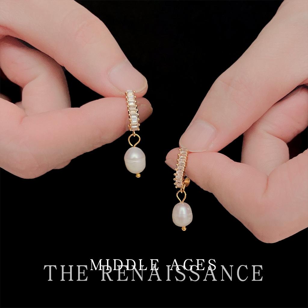 Wind zircon freshwater pearl stud earrings literary retro earrings ear jewelry