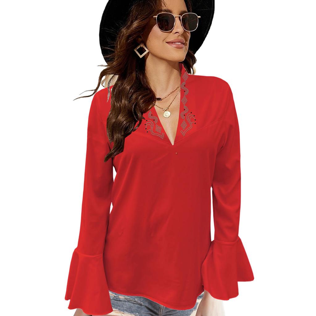 HNXC Women's Autumn Collection: Low-cut, Rhinestone, High-neck, Solid-color Lotus Leaf Long-sleeved Shirt for Women