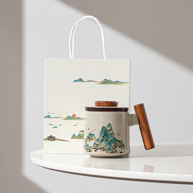 Thousand Li Landscape Ceramic Tea Infuser Mug Wood Whisper, Wooden Handle, Gift Set