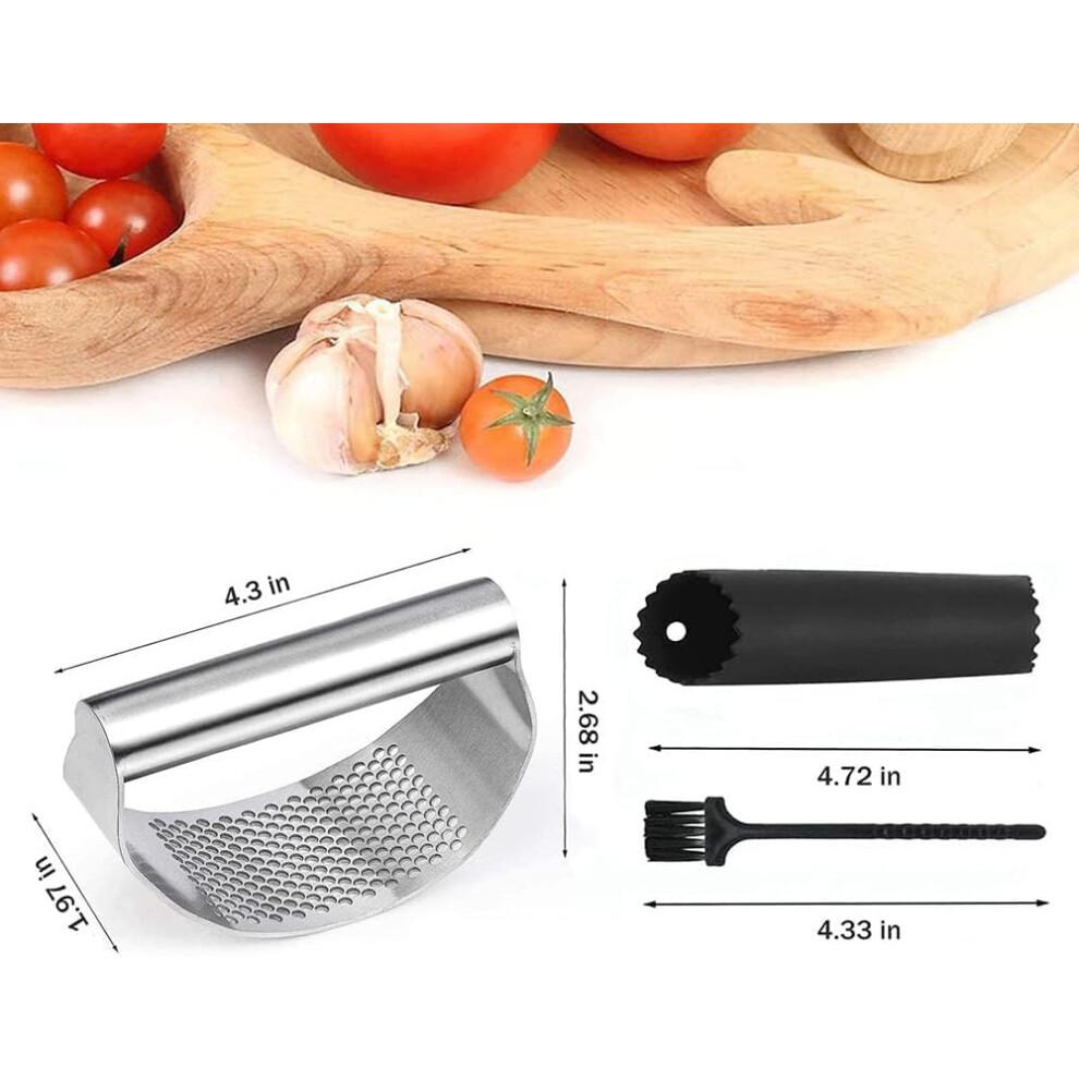 Garlic Press Stainless Steel Rocker Mincer with Silicone Peeler and Cradle Garlic Cutter Kitchen Tool for Easy Crushing