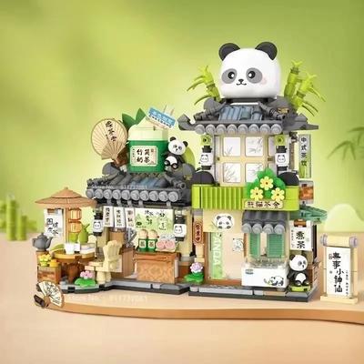 Mini Sokak Görünümü Yapı Blokları Ayı Kahve Dükkanı Katlanabilir Panda Sütlü Çay Çizgi Film Sokak Dükkanı Mağaza Modeli Tuğlalar İstifleme