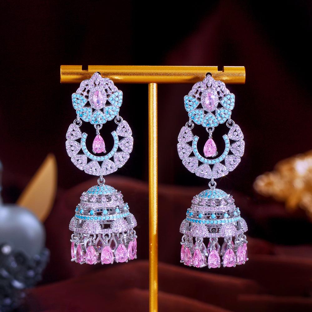 

Needle Light Luxury Shining Full Diamond Heavy Industry Three-Dimensional Wind Chime Long Earrings Micro-Inlaid Colored Zirconium Bell Earrings