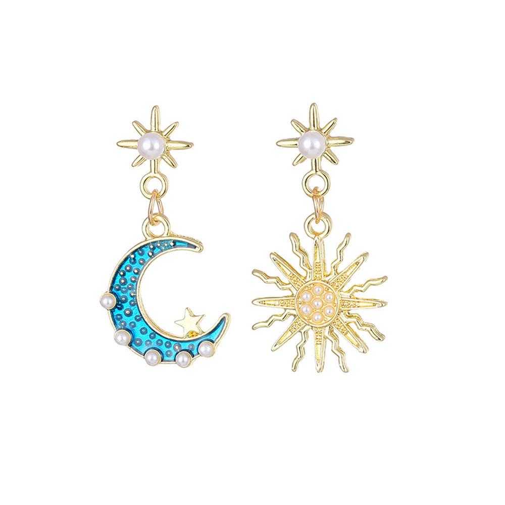 Fashionable Blue Moon Pearl Earrings Creative Blue Alloy Geometric Design
