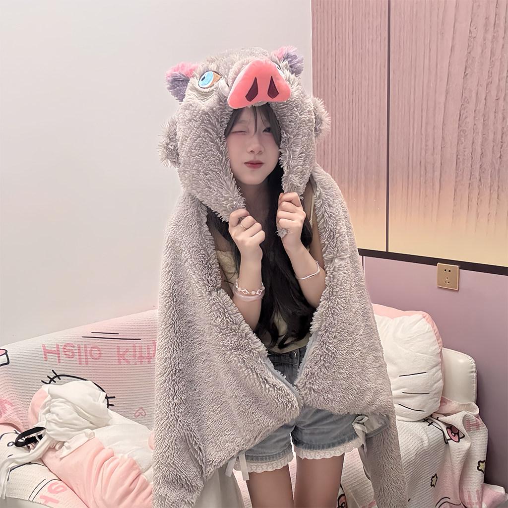 Cosplay Prop Travel Blackout Pillow Wild Boar Head Plush Hat Cloak Pig Head Warm Headgear Cartoon Stuffed Anime Plushies Gifts