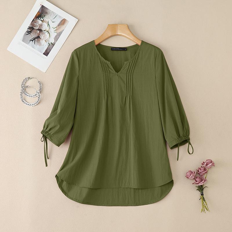 

ZANZEA Женская повседневная однотонная свободная блузка с V-образным вырезом и рукавом 3/4