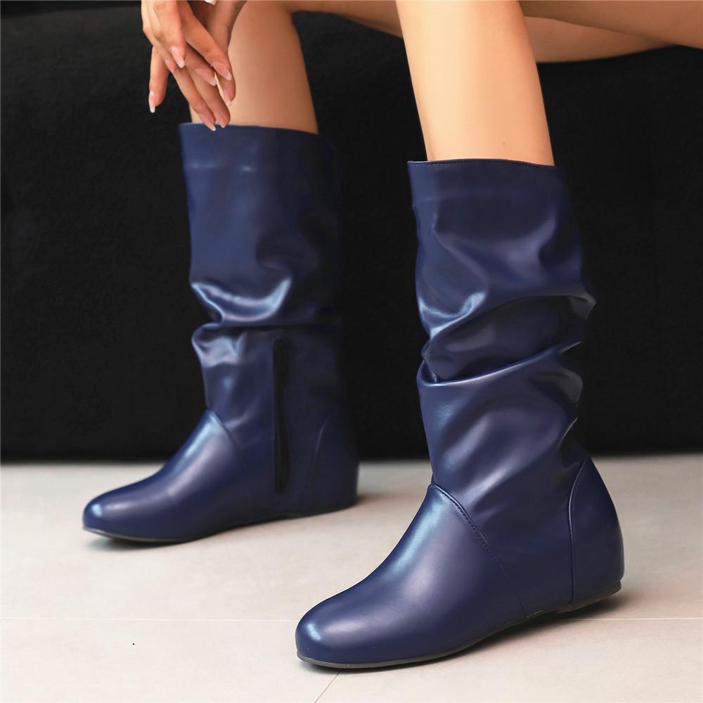 Fashion Mid-Calf Boots Women PU Pleated Boots Female Round Toe Shoes Concise Height Increasing Flat Shoes Autumn Winter 2025 Size34-48