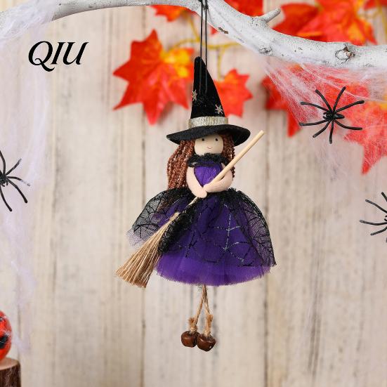 Scary Witch Doll Halloween with Broom, Small Hanging Figurine Cool Accessory Gauze Skirt for Haunted House, Door Window Decor Home Decoration