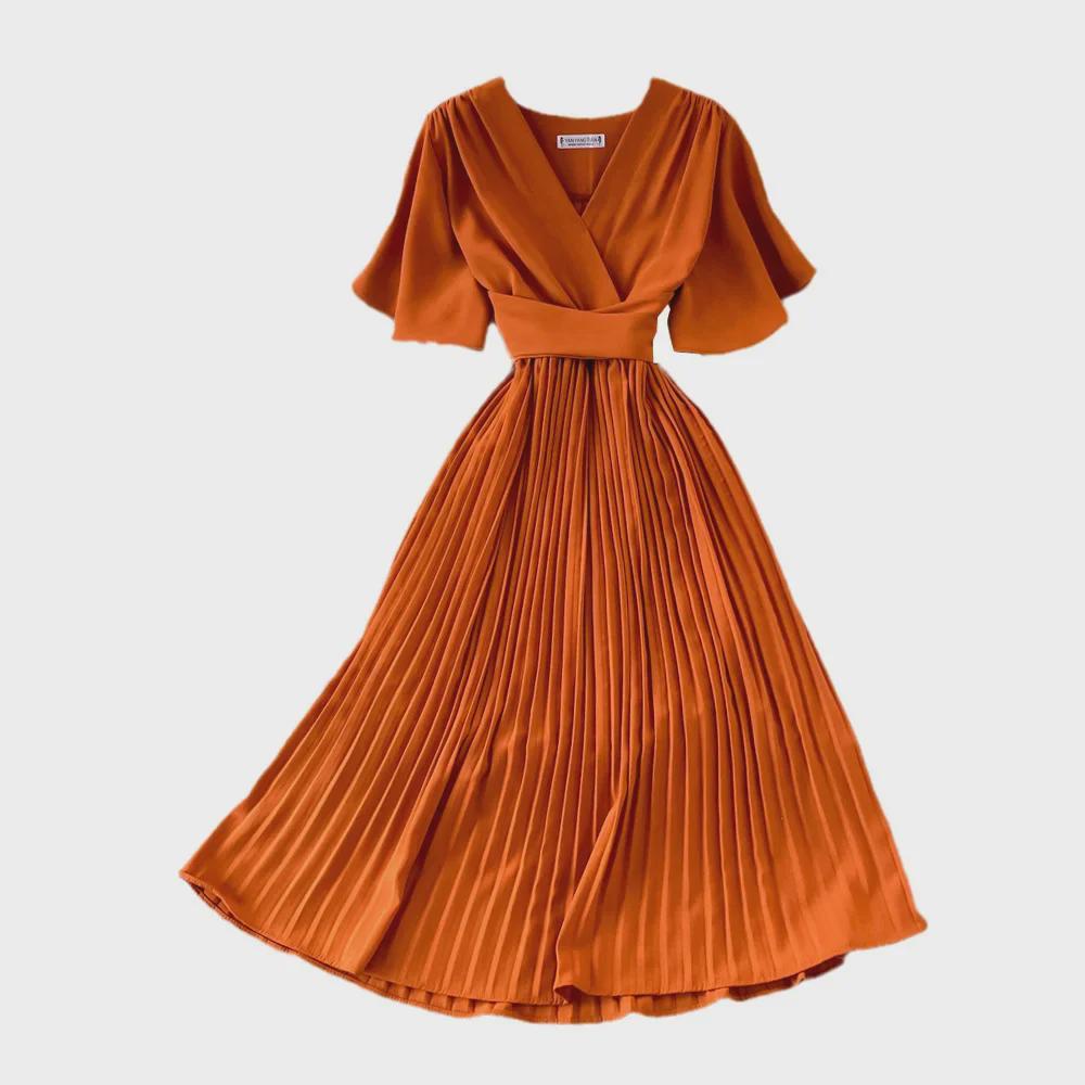 2022 Sommer V-Ausschnitt Kurzarm Schlanke Taille Plissee Midikleid