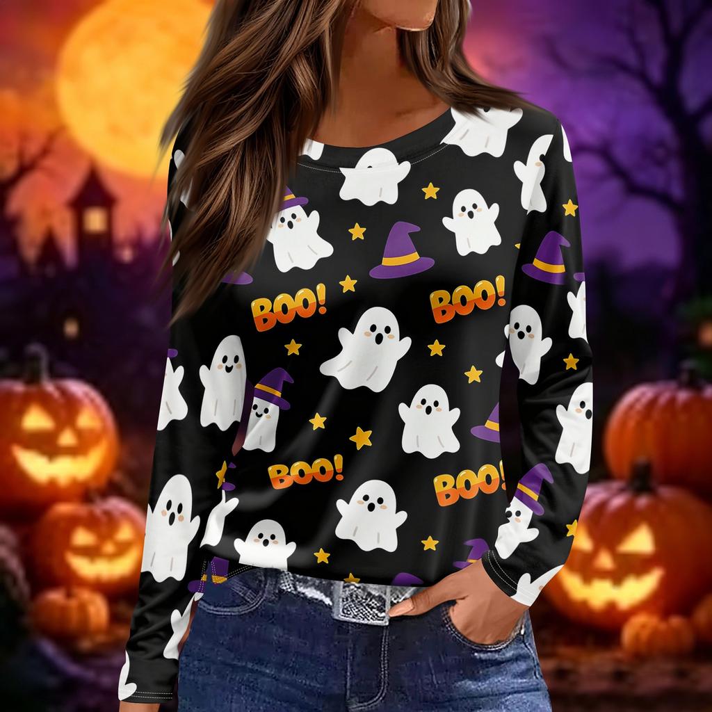 Women's Fashion Long Sleeve Top Halloween Print Round Neck Pullover Shirt with Split Hem Casual Wear for Autumn and Winter