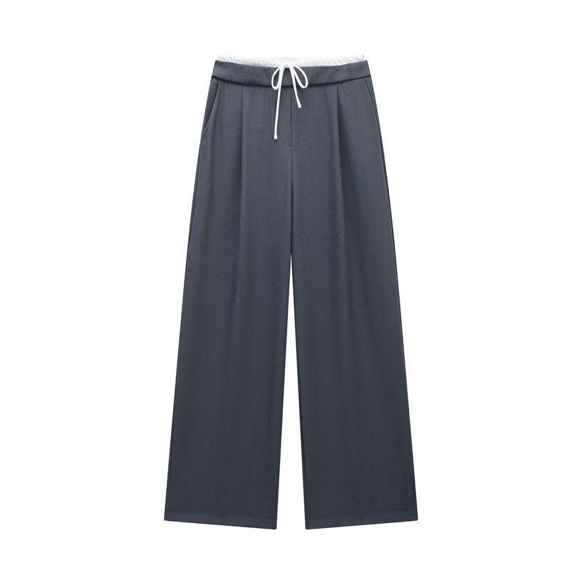 Fashion Style 2024 Spring New Arrival Women's Clothing Slim Looking All-Match Stitching Design Waist Wide Leg Pants 1608225