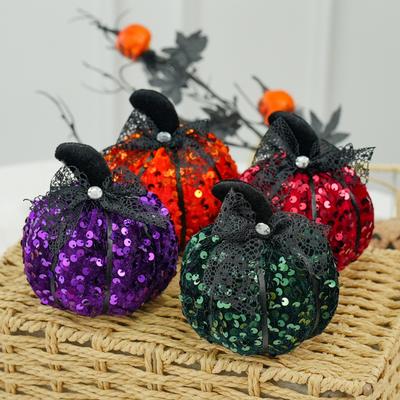 Sequined Pumpkin Centerpiece Halloween Pumpkin Decoration Glittery Pumpkin with Bow Ornament for Fall Thanksgiving Home Tabletop Decor