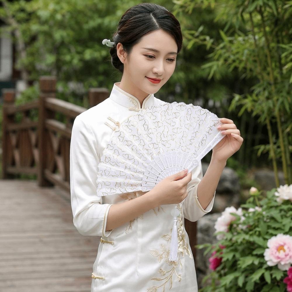 Classic Cheongsam Dance Fan with Tassels Hand Cranked Fan Creative Folding Fan  Photography Prop