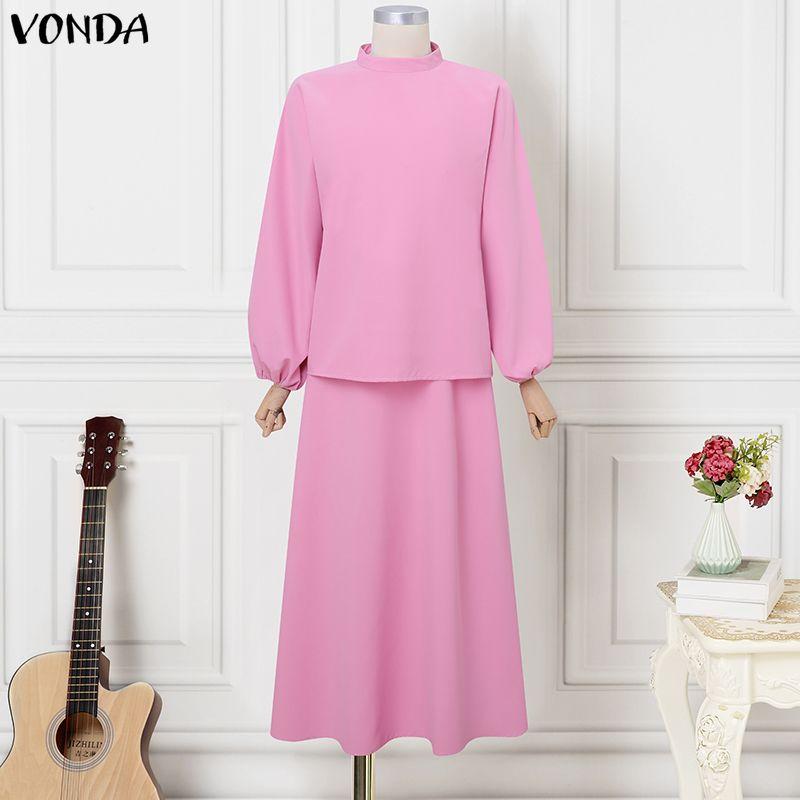 

VONDA 2PCS Women Long Sleeve Blouse and Skirts Casual Elegant Two Piece Sets M розовый
