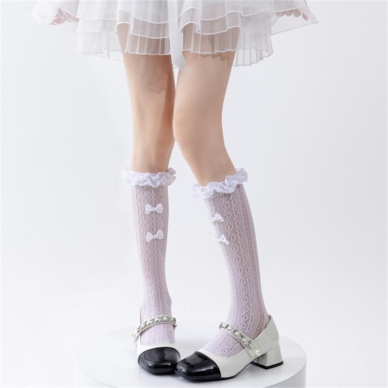 Women Japanese Aesthetic Hollowout Mesh Middle Tube Socks Striped Patterned Ruffle Trim Over Calf Socks with Bows Accent