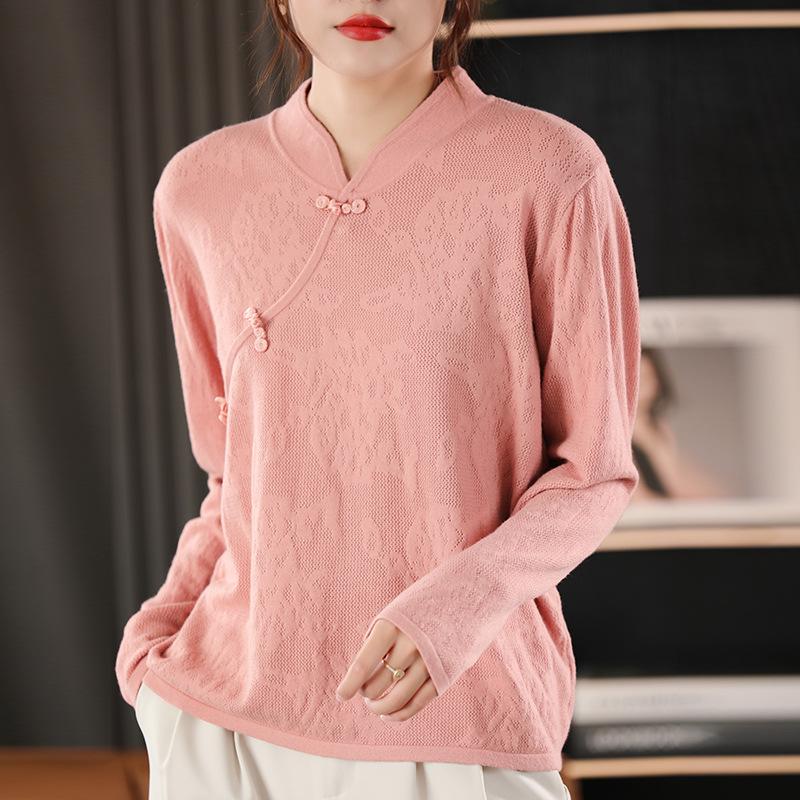 New Medium and Retro Buckle Sweater Women's Diagonal Placket Stand-up Collar Solid Color Temperament Bottoming Knitted Sweater Women