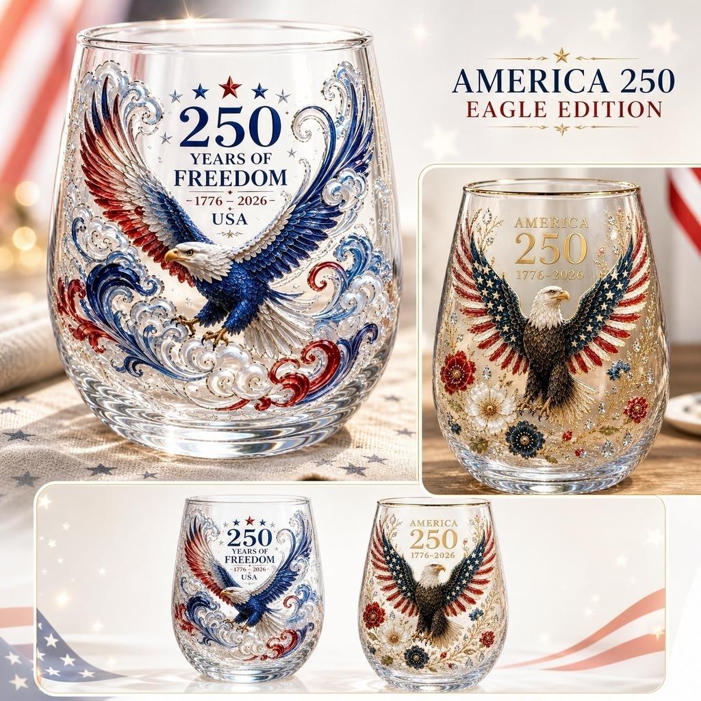 250 Years of Freedom Commemorative Eagle Glass 1776 To 2026 USA Anniversary Collectible Drinkware Stemless Glassware