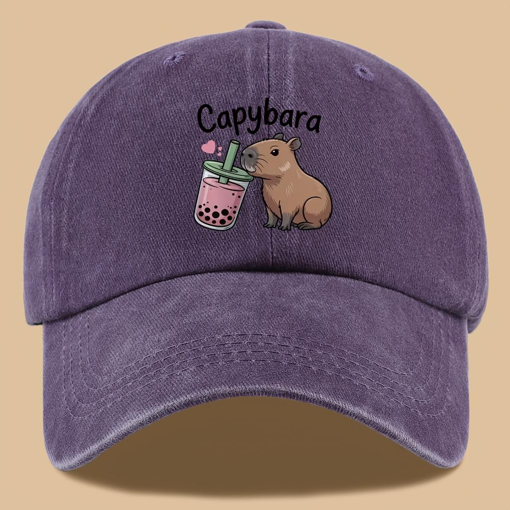 PC Niedliches und Stilvolles Design Bedruckte Baseballkappe mit Capybara Milchtee Trink-Aufdruck Urbane Lässige Kopfbedeckung Schwarz Papa Trucker