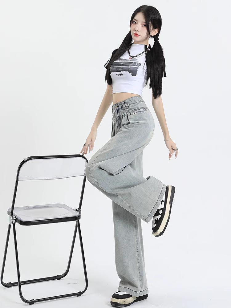 Blugi largi Y2k Pantaloni de blugi albaștri cu talie înaltă Pantaloni lungi din anii 2000 Pantaloni lungi din anii 90 Vintage oversize Moda coreeană