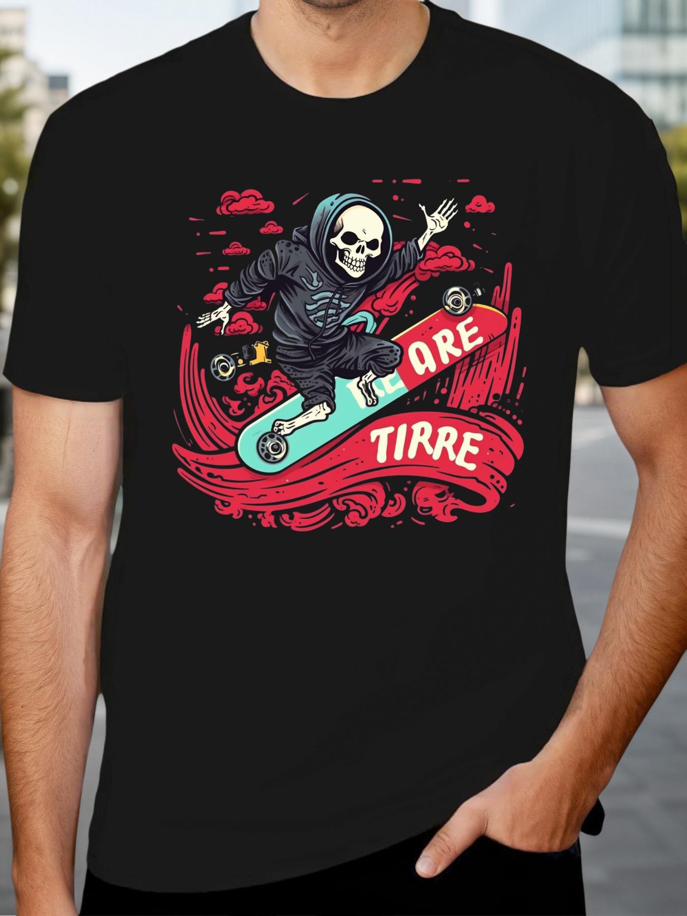 

Skateboarding Skeleton ORE TIRRE Graphic T-shirt - Navy Blue Casual Short Sleeve Round Neck Summer Top for Streetwear & Outdoor Activities M