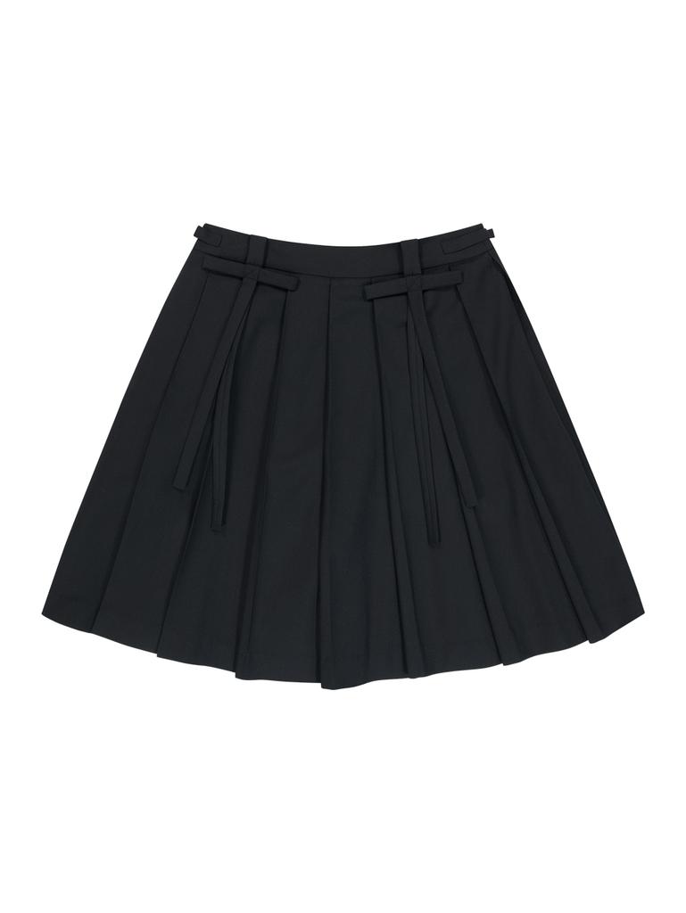 TUOMIO Midi Pleats Ribbon Culotte Pants [Black]