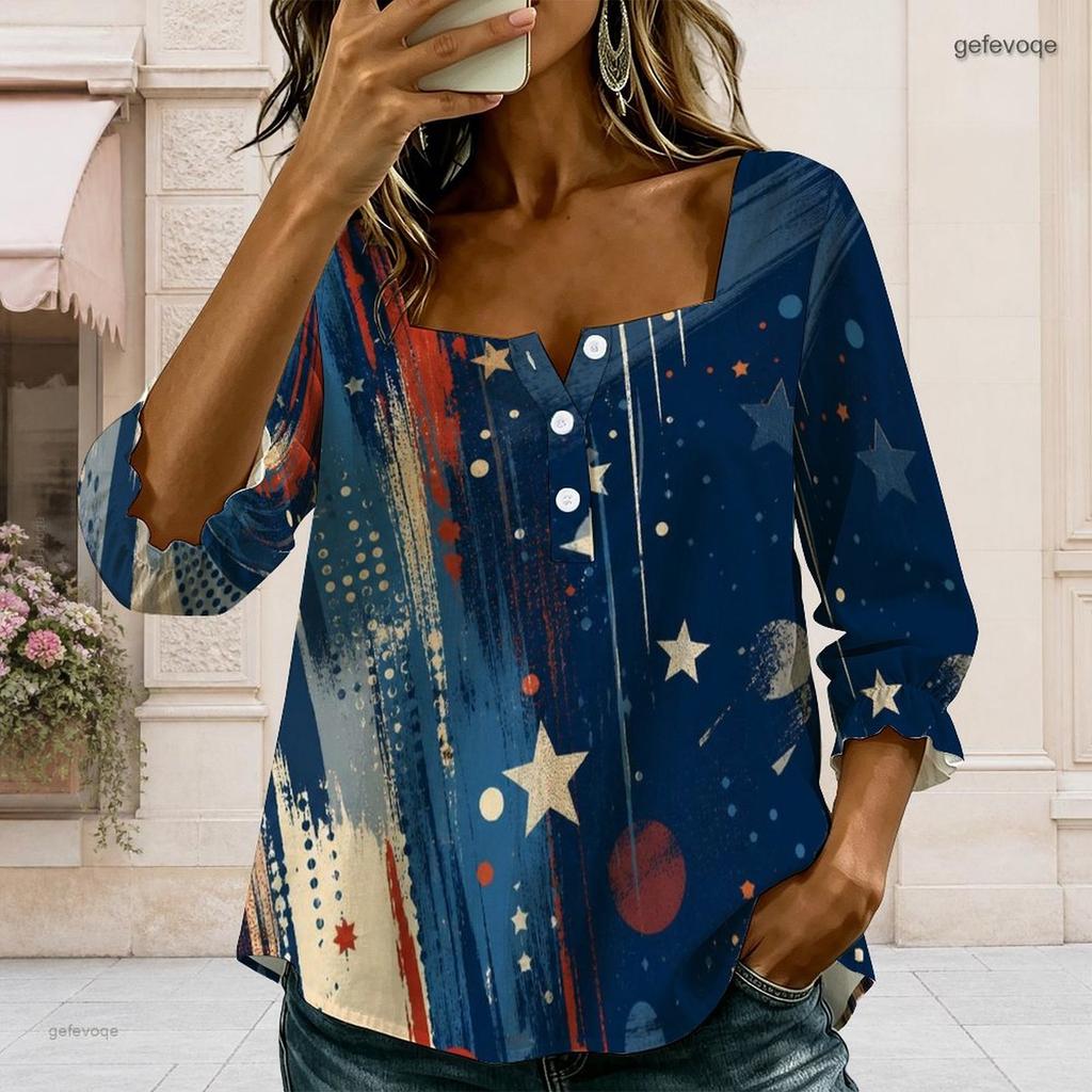 Womens Plus Size Square Neck Long Sleeve Front Button Elegant Loose Versatile Casual Ladies Blouse