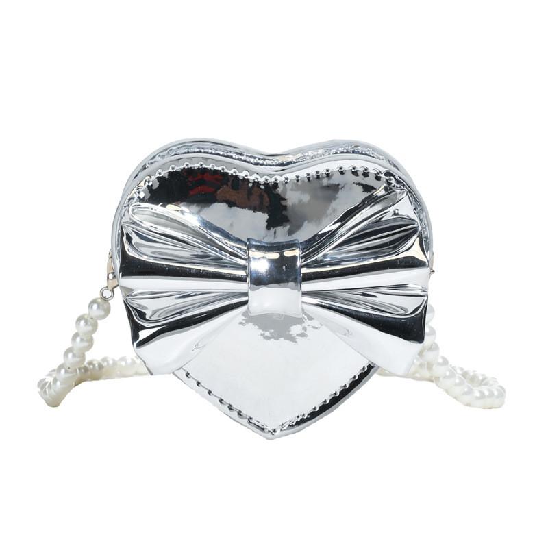 Heart Mini Shaped Bow Pearl Chain Bag With Zipper Closure For Daily Use Casual