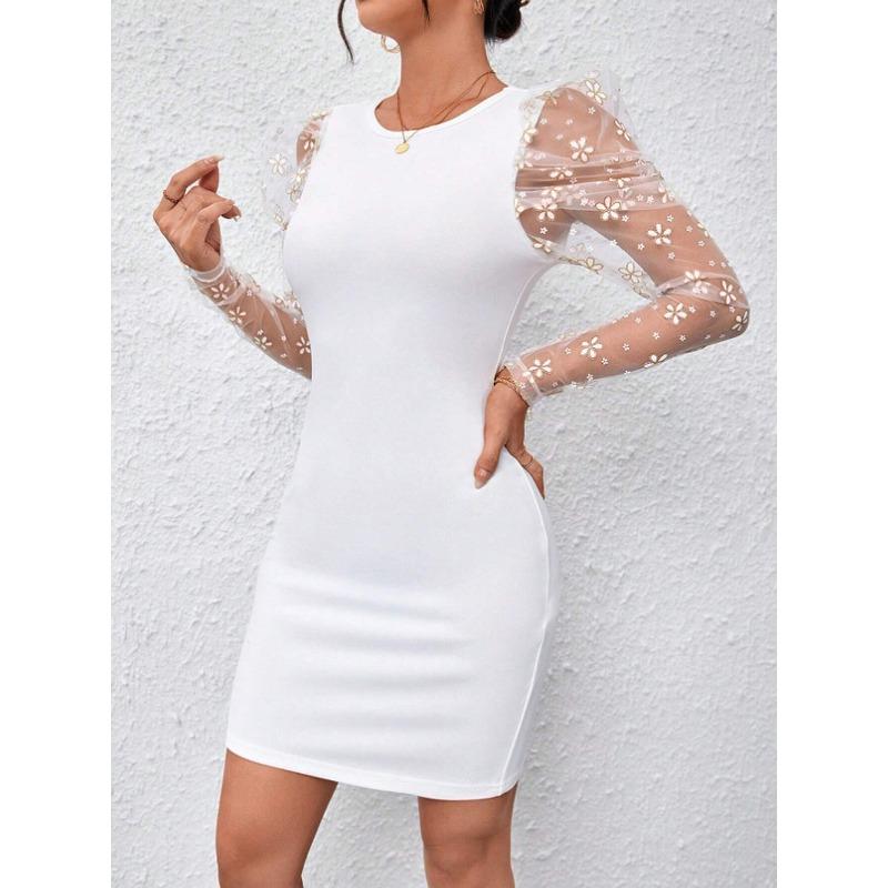 Women's Fashion Spring Fall Solid Color Print Long Sleeve O-Neck High Waist Casual Dresses