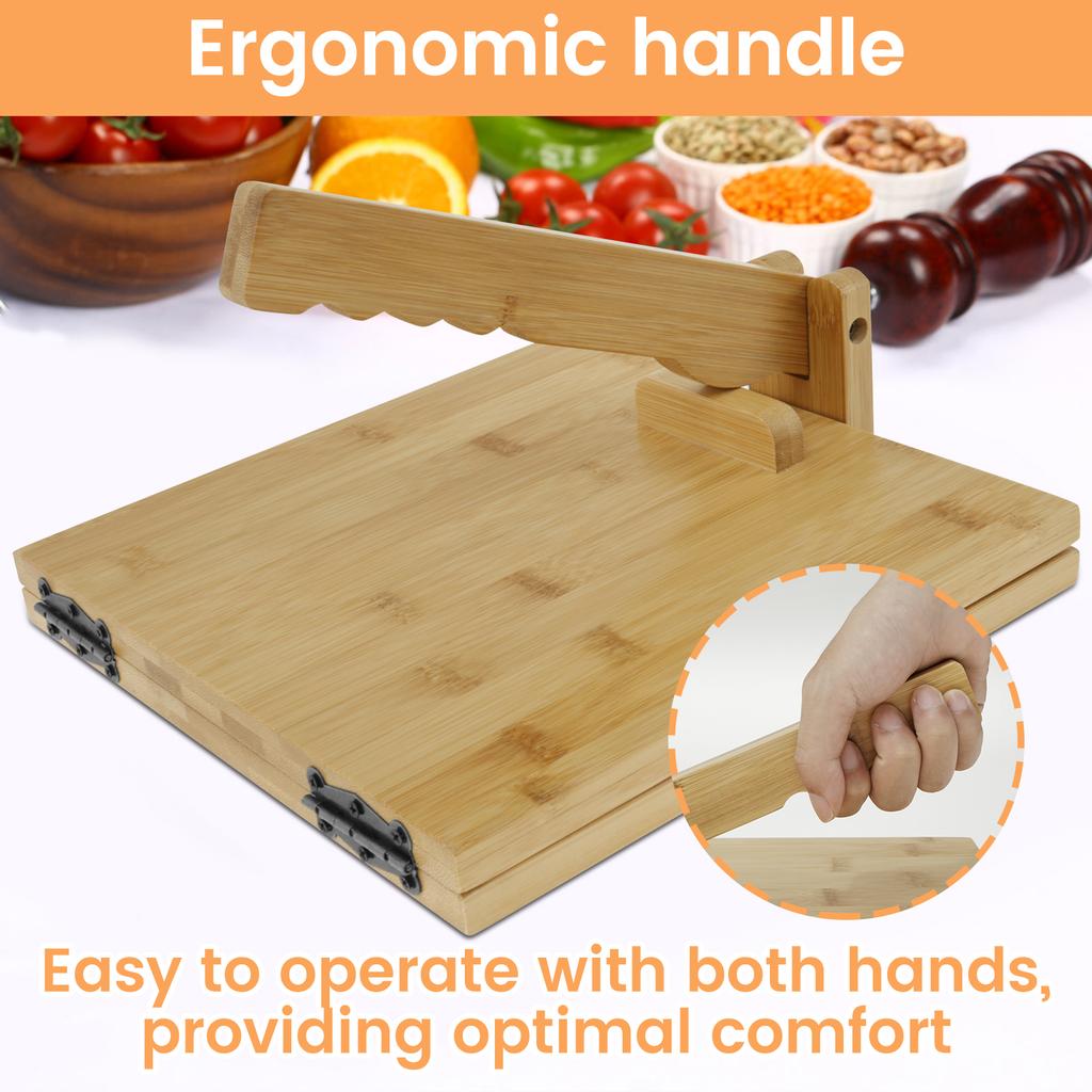 Bamboo Tortilla Presser 10 Inch Manual Square Tortilla Maker with Rolling Pin Rotatable Mexican Tortillera Dough Pressing Tool