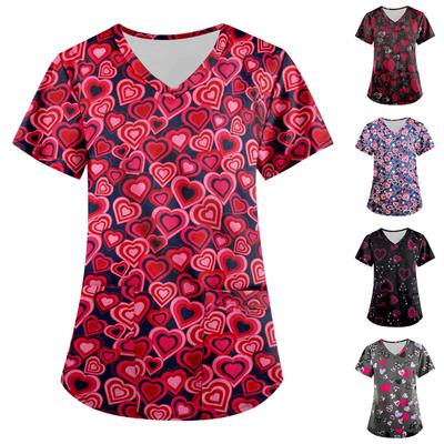Women's Fashion V-neck Short Sleeve Workwear With Pockets Printed Tops