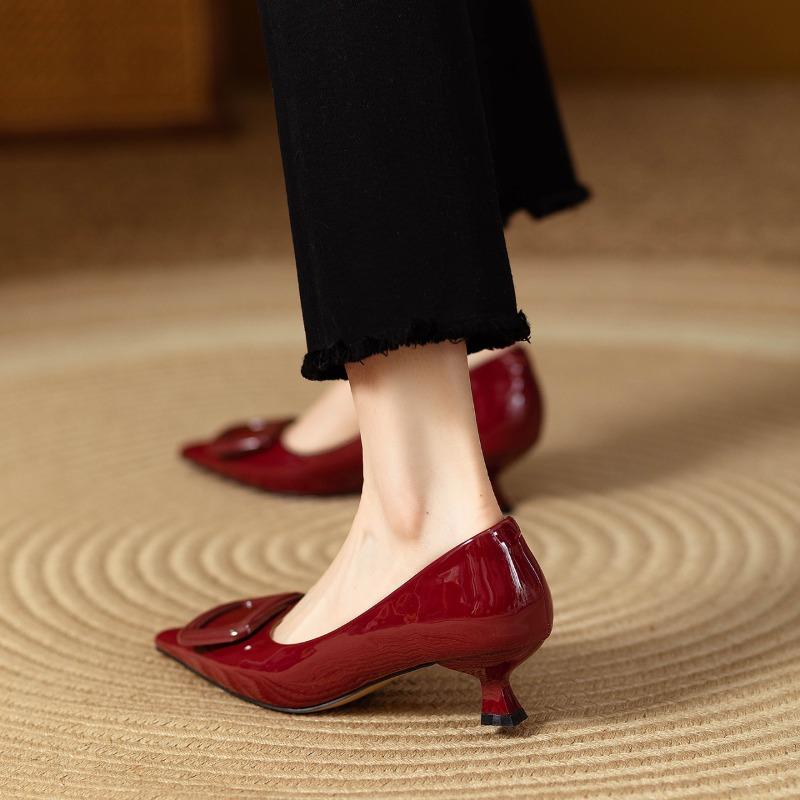 2025 New Women Genuine  Pumps Party Dress  High Heels Office Lady Slip On Pointed Toe Fashion Black Shoes