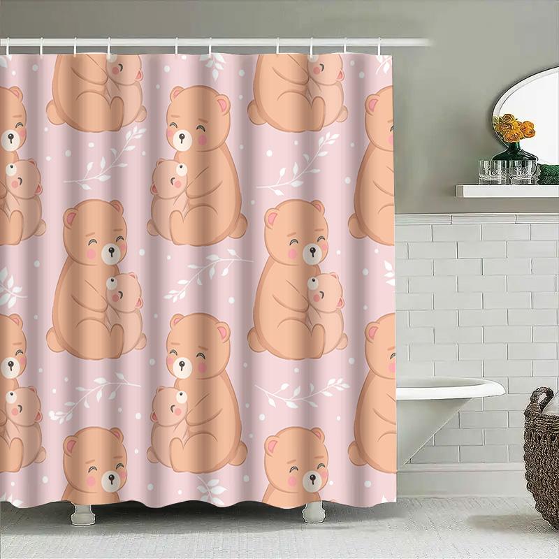 Kawaii Bear Pattern Shower Curtain For Bathroom Decor Home Decoration 3D Printing Waterproof Fabric Pink Color (One Size)