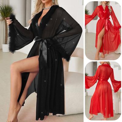 Silberne Seidenpyjamas Leichter Luxus Langärmeliges Flauschiges Kühles Nachthemd Bademantel Loungewear