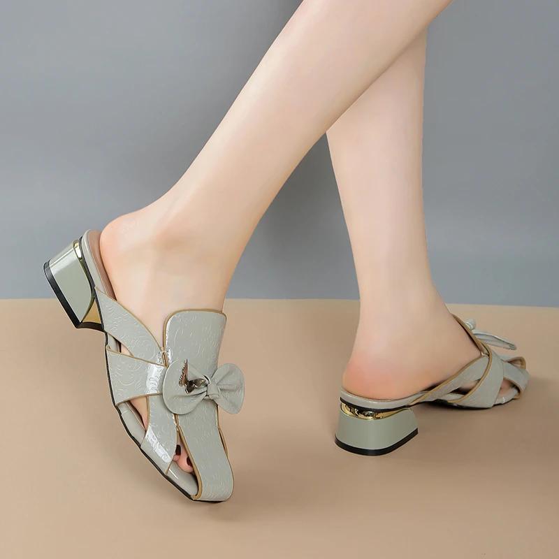 Fashion Summer New Baotou Female Slippers 2025 Hot Sale Round Head Hollow Open Toe Butterfly Knot Anti-slip Wear-resistant Heel Shoes