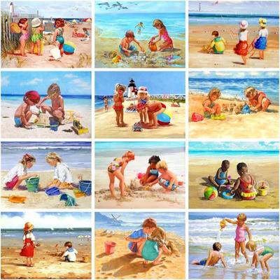 Full Round Drill Diamond Painting Kit Seaside Children Diy 5d Diamond Embroidery Mosaic Figure Home Decor
