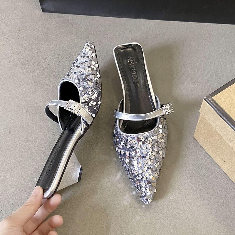 French pointed head thick heel bag head half slippers fashionable outer wear Muller shoes sequined single shoes women's spring and autumn 2025 new